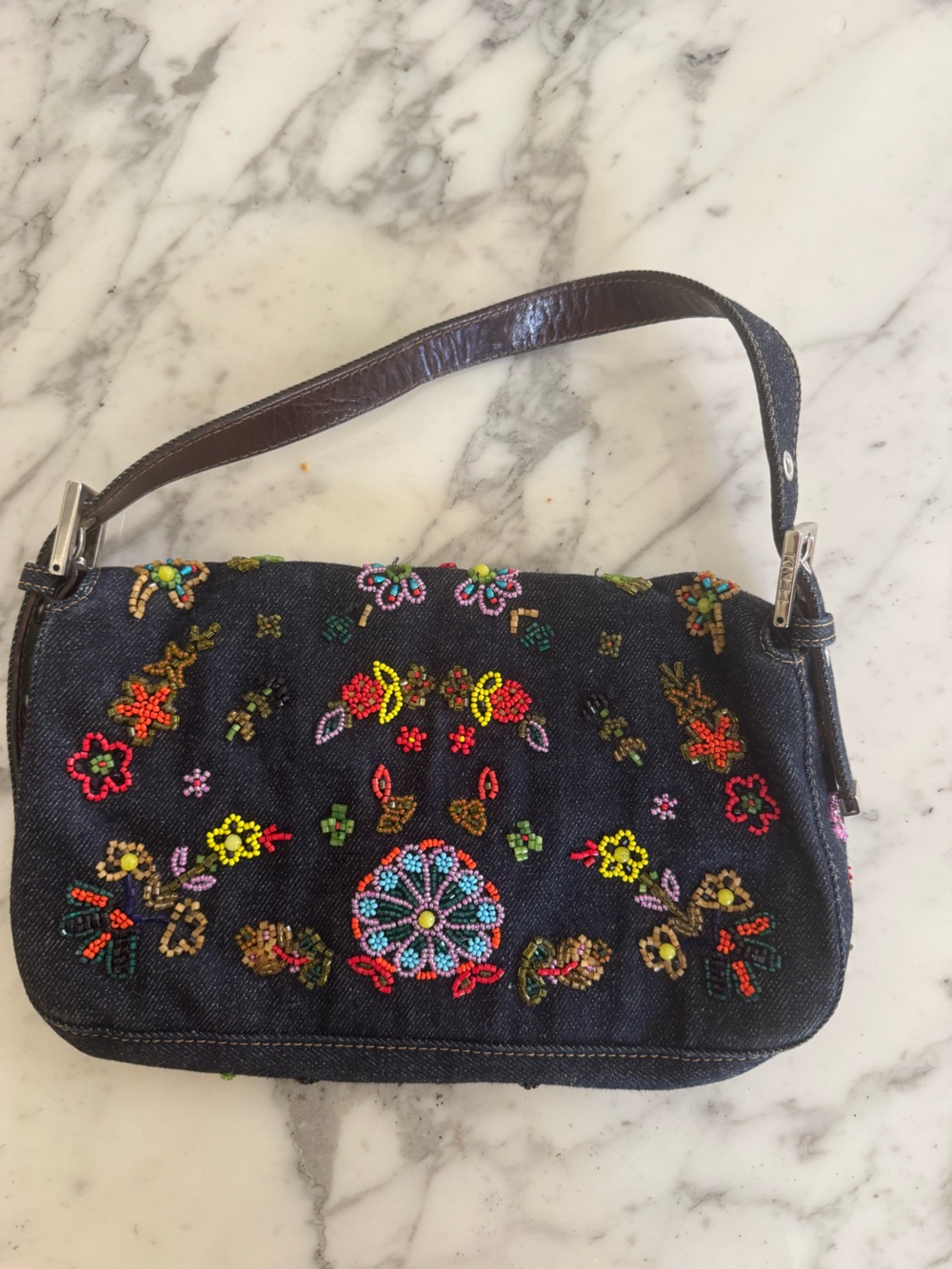 Fendi Denim Mini Baguette with Multicolor Beaded Floral Embroidery - Picture 2 of 7